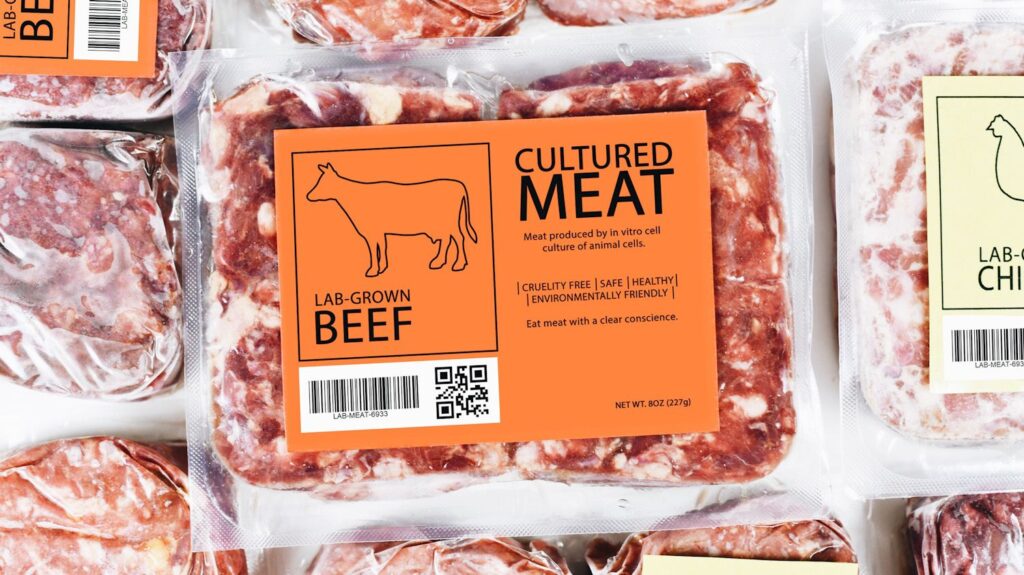 Photo showing a package of meat labeled "cultured meat."
