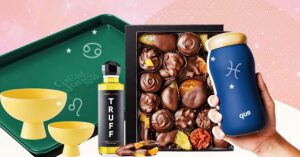 Photo collage shows a reusable water bottle, vegan chocolates, truffle oil, a Great Jones baking sheet, and a pair of yellow bowls