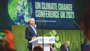 Photo shows President Joe Biden, pictured speaking in Glasgow before the conclusion of the COP26 summit.