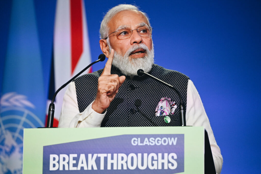 Photo shows India's Prime Minister Narendra Modi speaking during the World Leaders Summit.