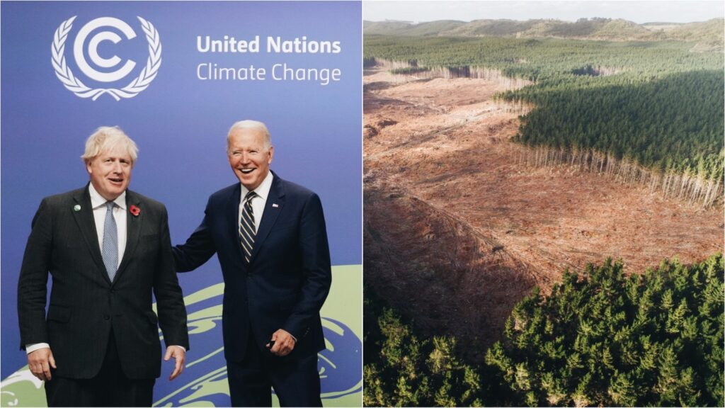 Split image shows British Prime Minister Boris Johnson and U.S. President Joe Biden standing together at COP26 (left), and in-progress deforestation (right).