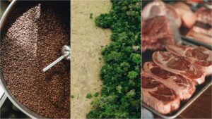 Three-way split image shows coffee beans (left), deforestation in progress (centre), and raw beef (right). A new EU law aims to ban the import of deforestation-linked products.