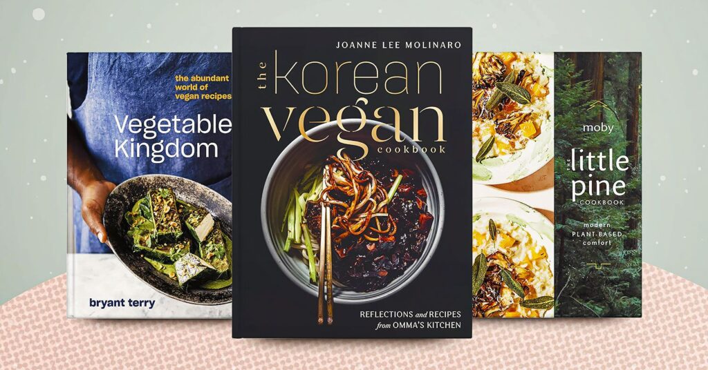 Photo collage shows 3 cookbooks: Vegetable Kingdom, The Korean Vegan, and Little Pine