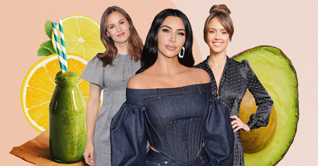 Photo shows Jennifer Garner (left), Kim Kardashian (center), and Jessica Alba (right) on a pale pink background featuring lemons, avocado, and a green smoothie. These are 10 of the best celebrity smoothie recipes.