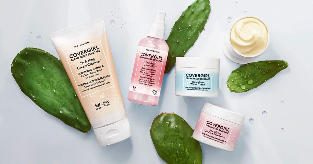 COVERGIRL's new skincare line, photographed next to cactus leaves