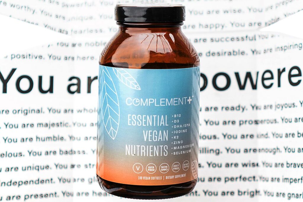 Photo shows a bottle of Complement Essential vegan multivitamins