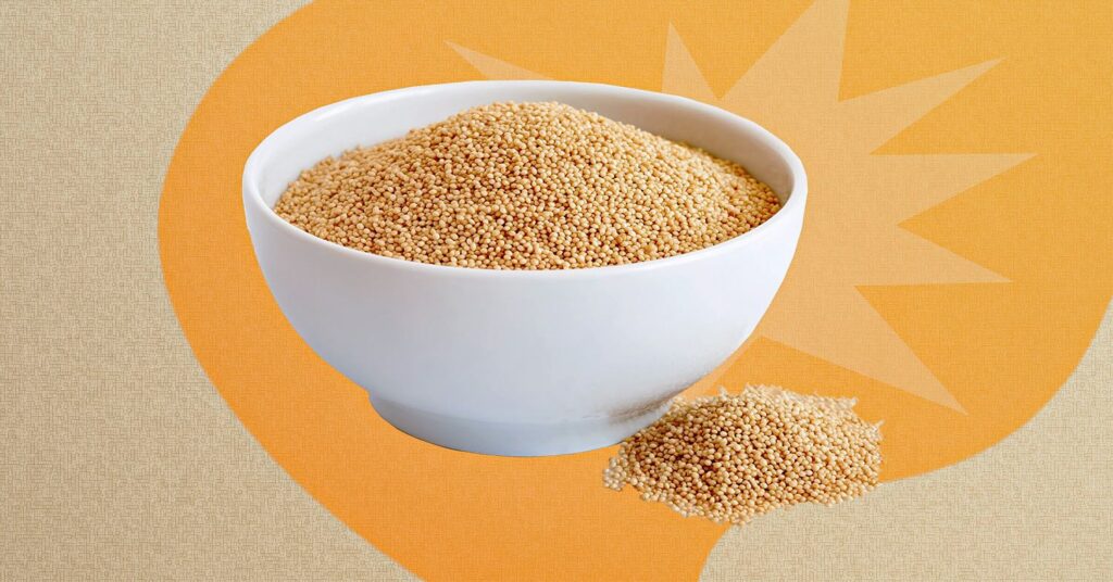 Photo shows a white bowl of amaranth on an orange background