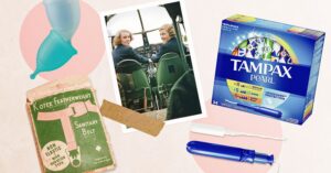 Photo collage shows women pilots, vintage Kotex sanitary pads, Tampax pearl, and a menstrual cup