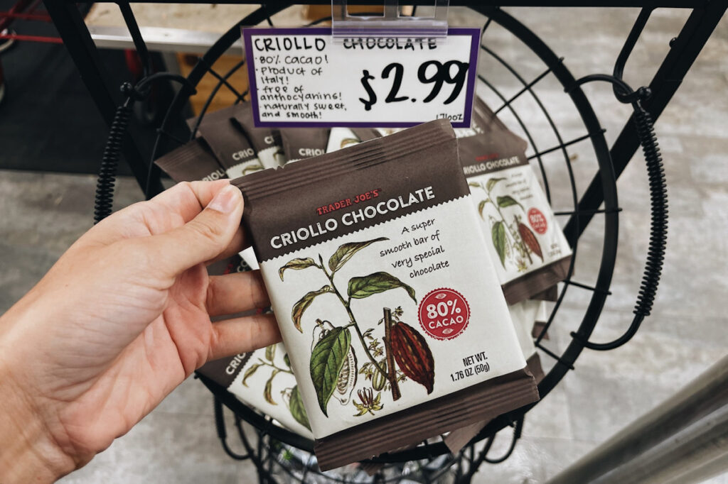 Photo shows Trader Joe's Criollo chocolate.