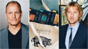 Split image shows Woody Harrelson (left), Abbot's Butcher products (centre), and Owen Wilson (right). This is Owen Wilson's first vegan investment.