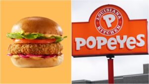 Split image shows a Popeyes burger (left) and the company's iconic sign (right. Popeyes is introducing its first vegan burger ever.