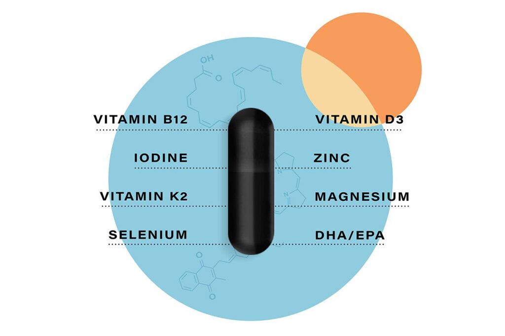 Photo shows a capsule of Complement Essential, a multivitamin for vegans
