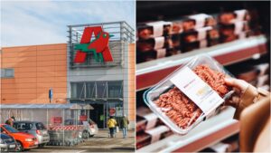 Split image features a supermarket storefront (left) and someone holding a package of raw beef in the meat isle (right). Some supermarkets are banning Amazon-destroying beef produced by JBS.