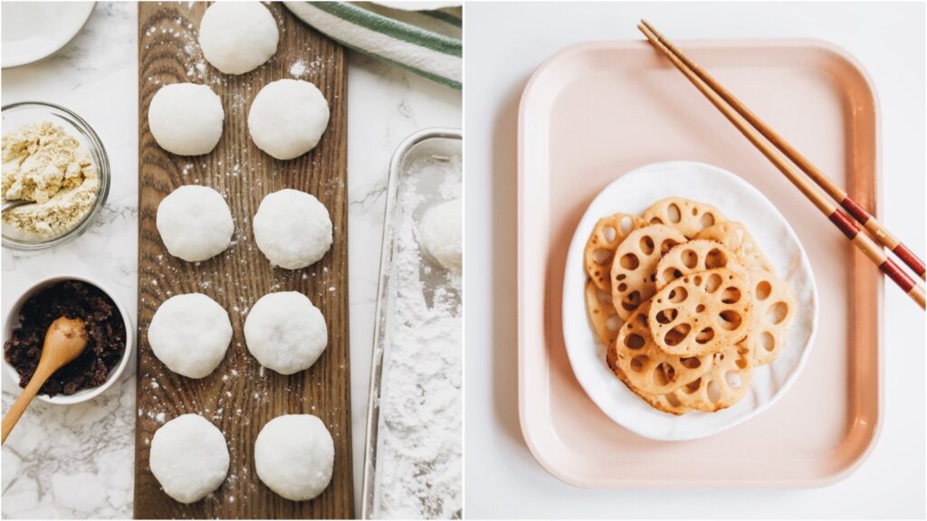 Split image shows mochi (left) and sauteed lotus root (right), both common in Japanese New Year recipes.