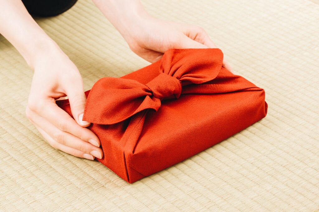 Photo shows Furoshiki, a Japanese wrapping cloth used for gifts.