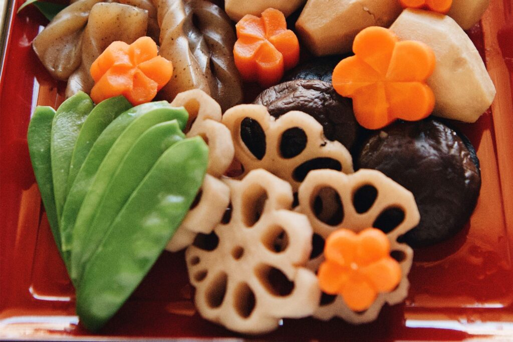 Photo shows nishime, a classic Japanese new year recipe.