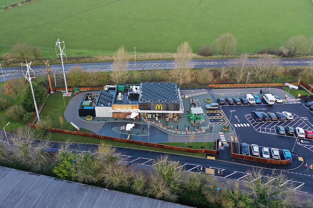 Photo shows the new net-zero McDonald's restaurant from above.