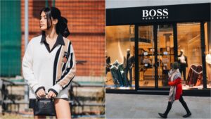 Photo shows a Hugo Boss model wearing a wool sweater split with a photo of a Hugo Boss storefront