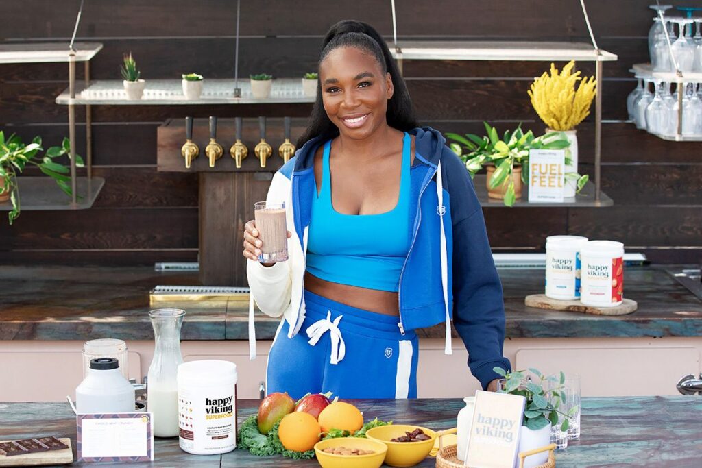 A promotional shot of Venus Williams with Happy Viking protein shake