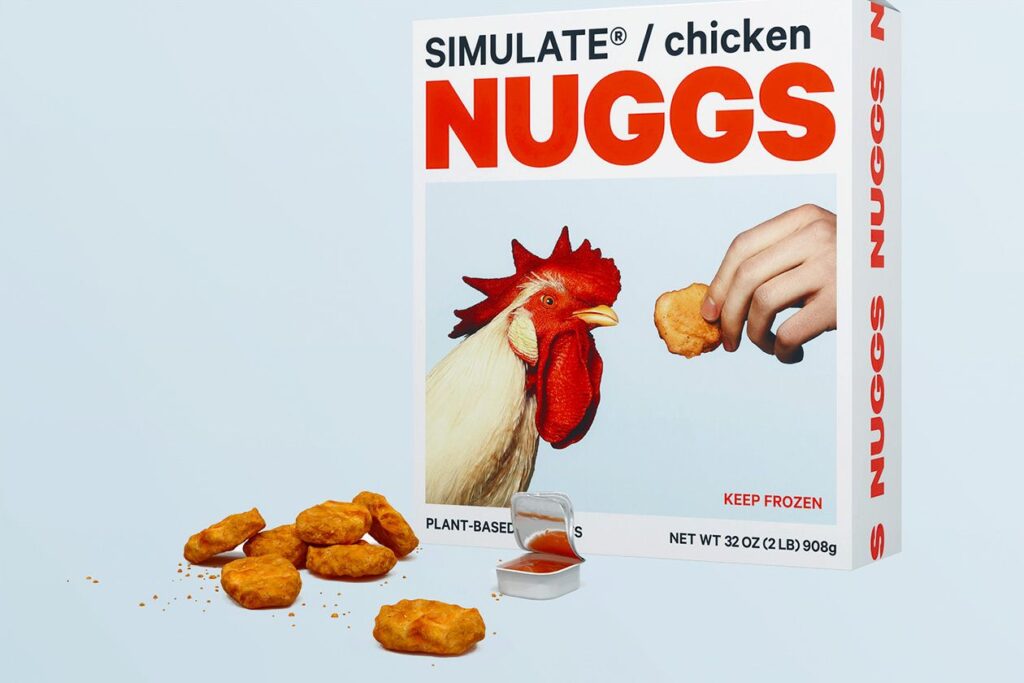 Photo shows a box of Nuggs, a vegan chicken nugget made by the brand Simulate