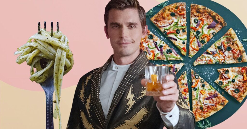 Photo shows Antoni Porowski from Queer Eye on a gradient background with pasta and vegan pizza