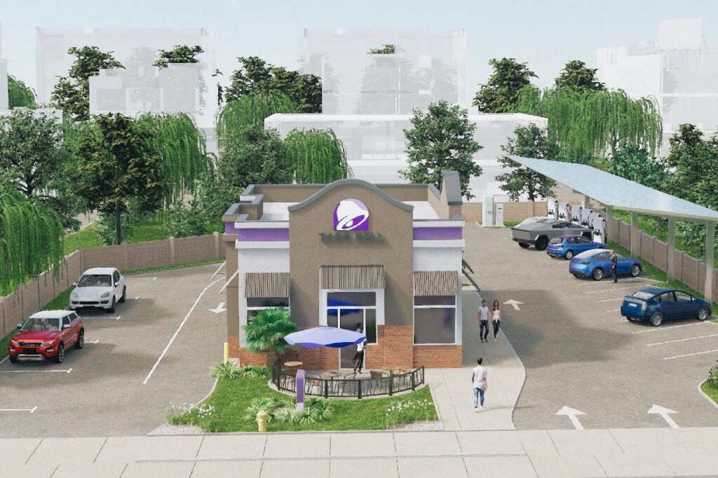 Image shows EV charging stations at Taco Bell