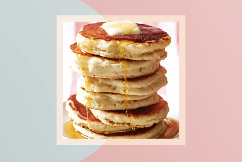 Photo shows a stack of fluffy vegan pancakes