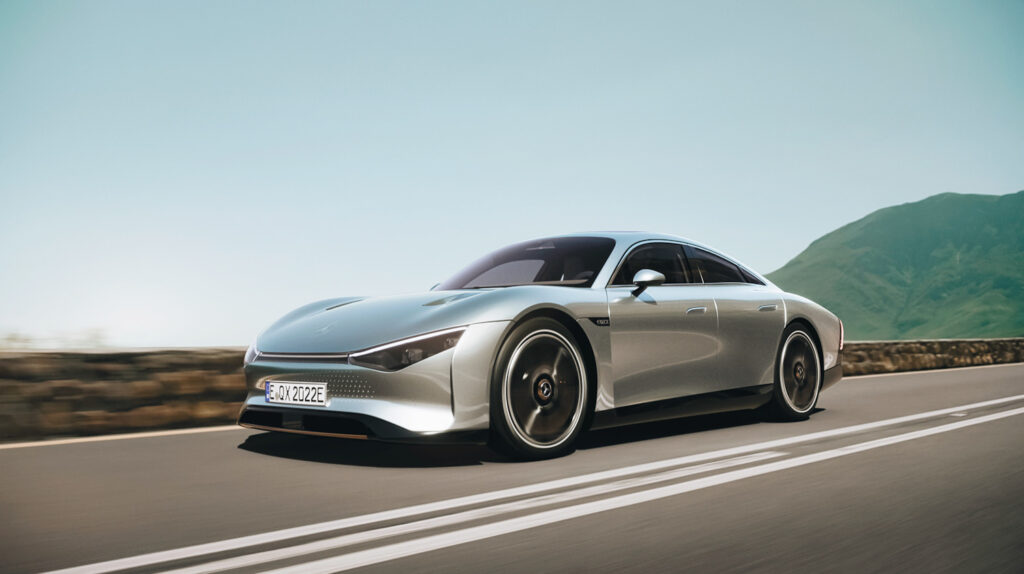 Photo shows the exterior of the Mercedes-Benz VISION, the first solar-powered electric car from Mercedes.