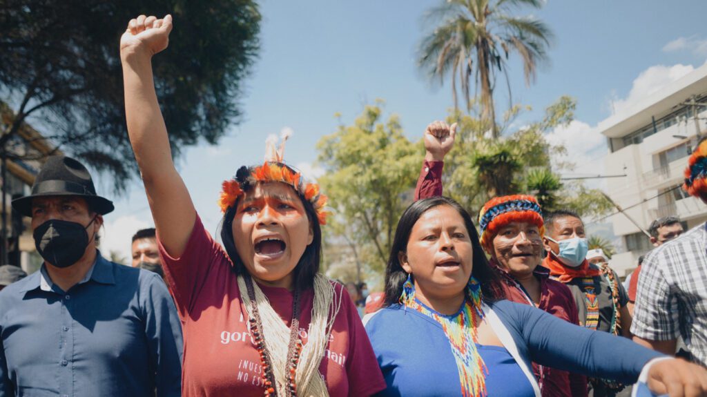 Indigenous protestors demonstrate in Quito against the Ecuador government's decree promoting oil exploitation. The supreme court recently recognized Indigenous peoples' right to have final say on extractive projects like mining.