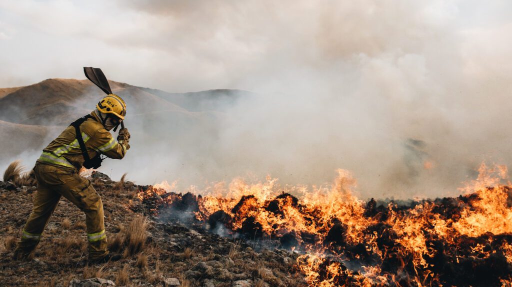 Photo shows a wildfire fighter in Córdoba, Argentina.