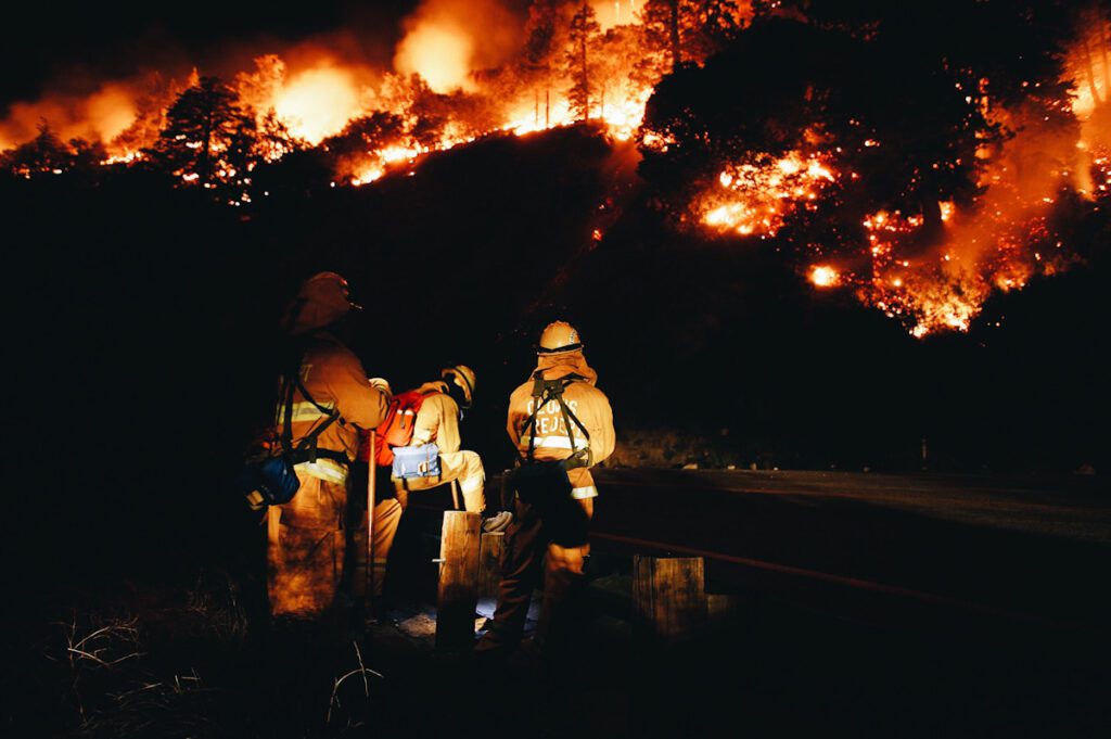 Photo shows firefighters keeping watch on a wildfire near Fawnskin, California. The state has seen several winter wildfires over the last few months.