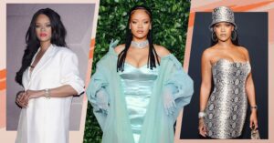A triptych of Rihanna wearing a white shirt, a green gown, and a snake print dress and hat
