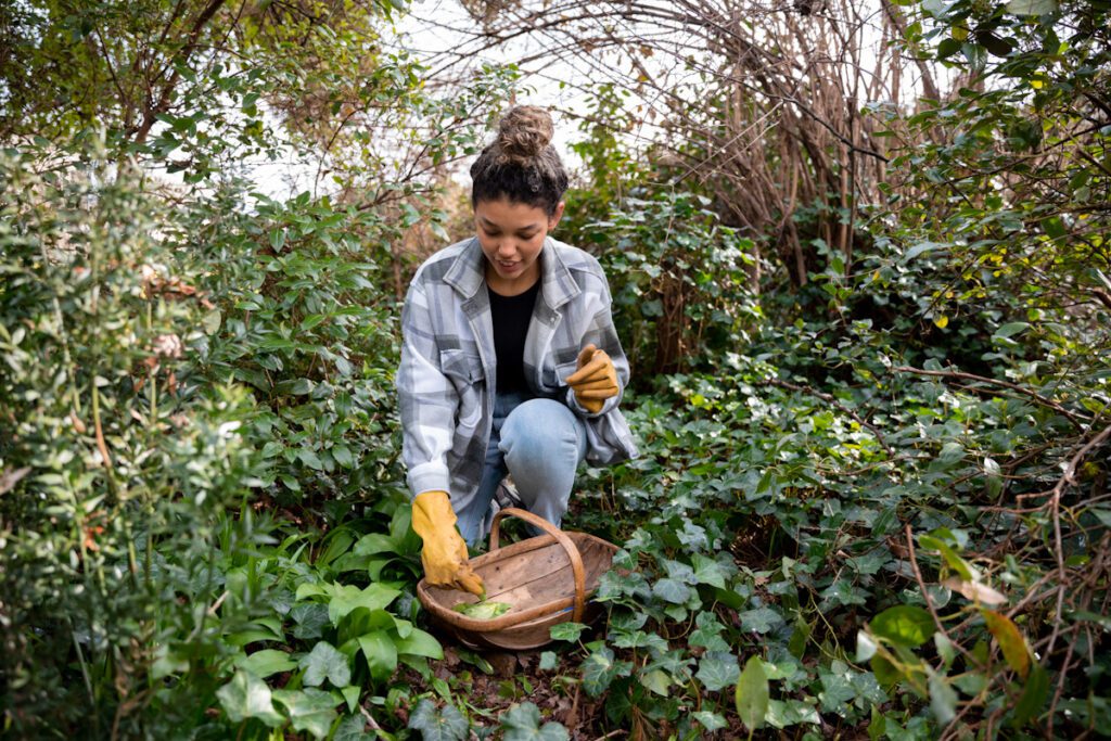 Photo shows a woman foraging for fresh food outdoors surrounded by plants and greenery. Are sustainable practices like foraging just for those with privilege?