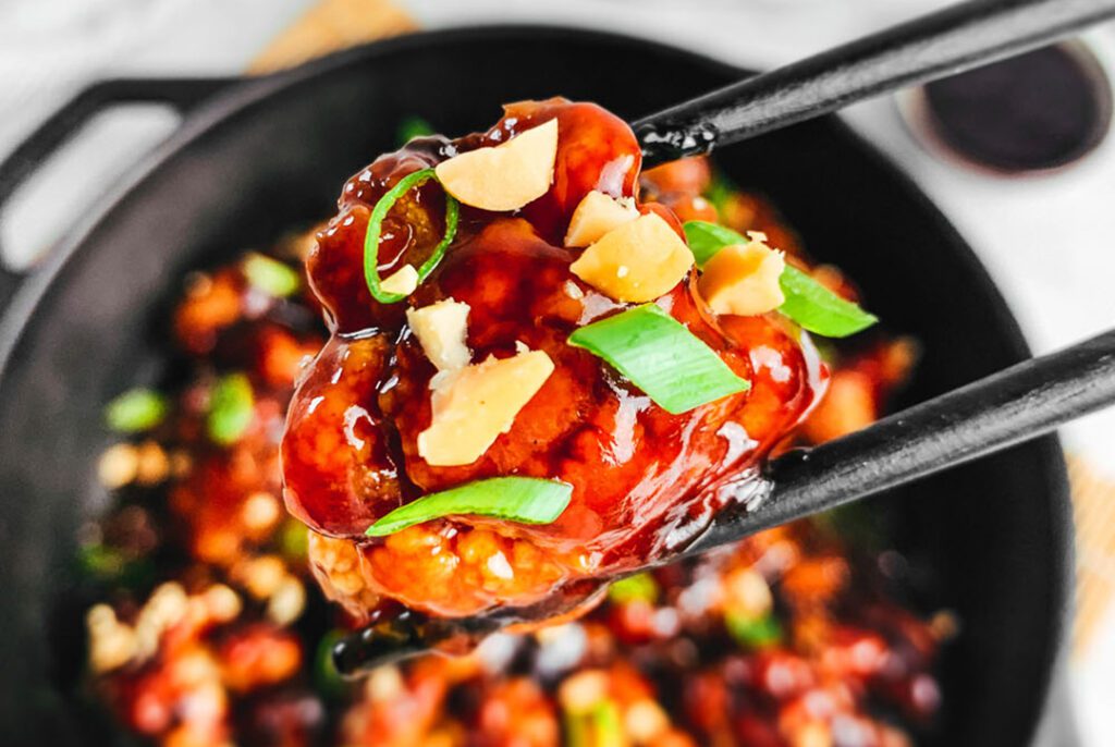 Photo shows kung pao cauliflower, a sustainable plant-based spin on a classic recipe, perfect for any Super Bowl party.